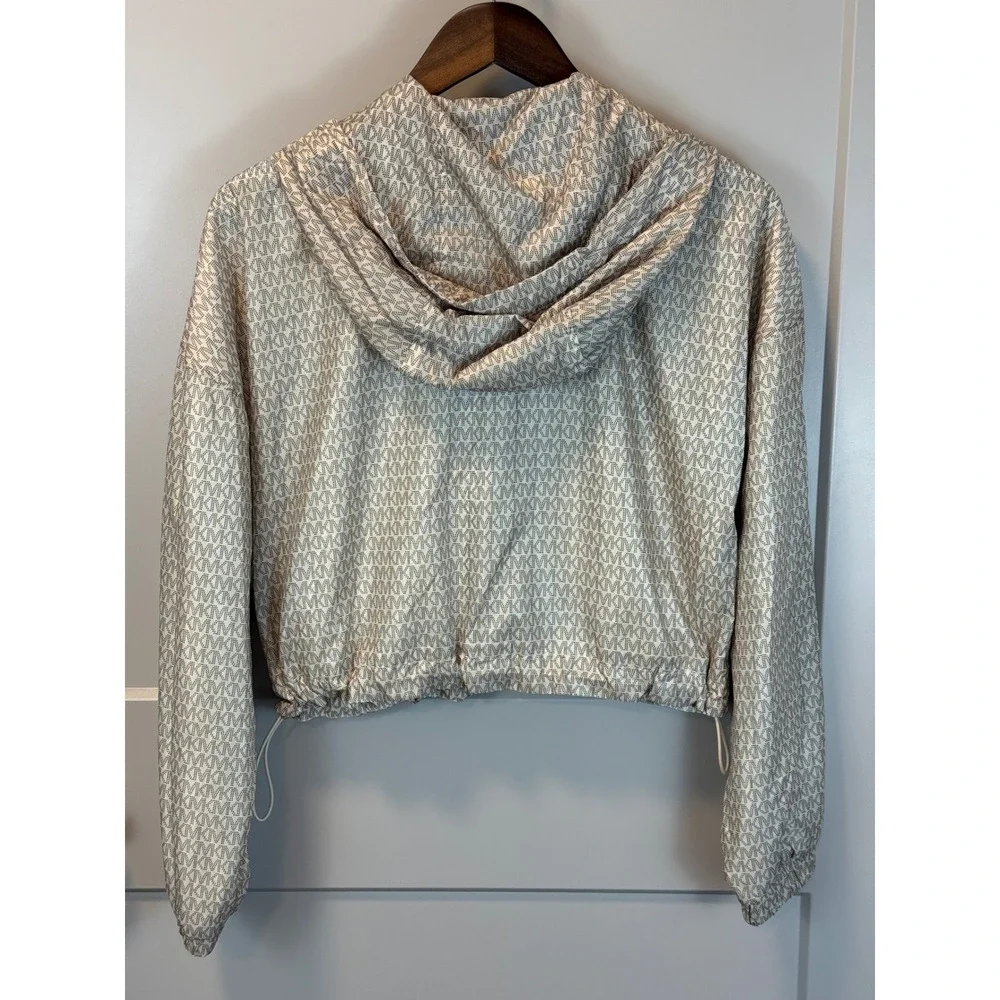 Michael Kors Womens Logo‎ Bomber Jacket Beige Gold Chunky Gold Hardware Sz Small